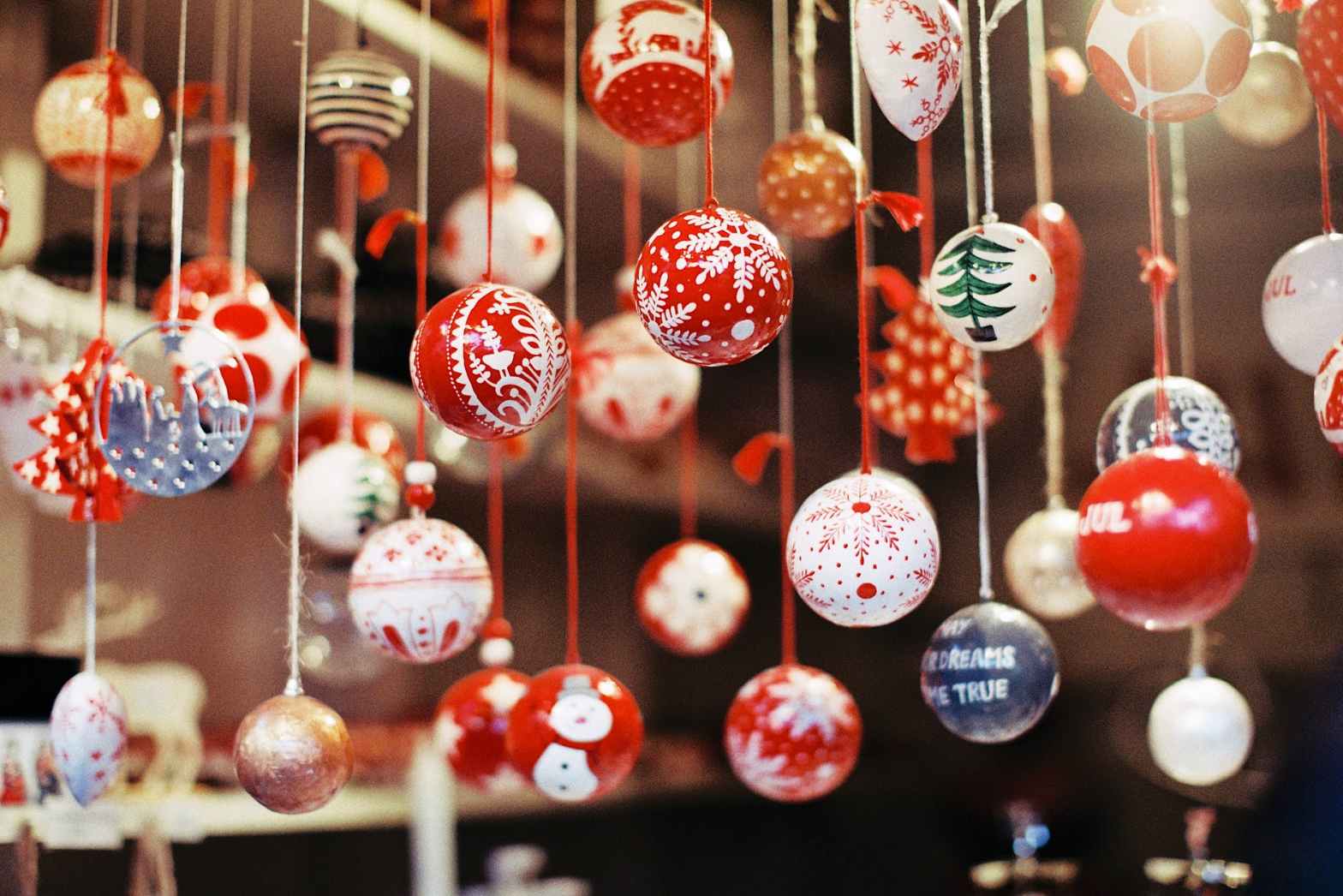 christmas ornaments hanging from ceiling